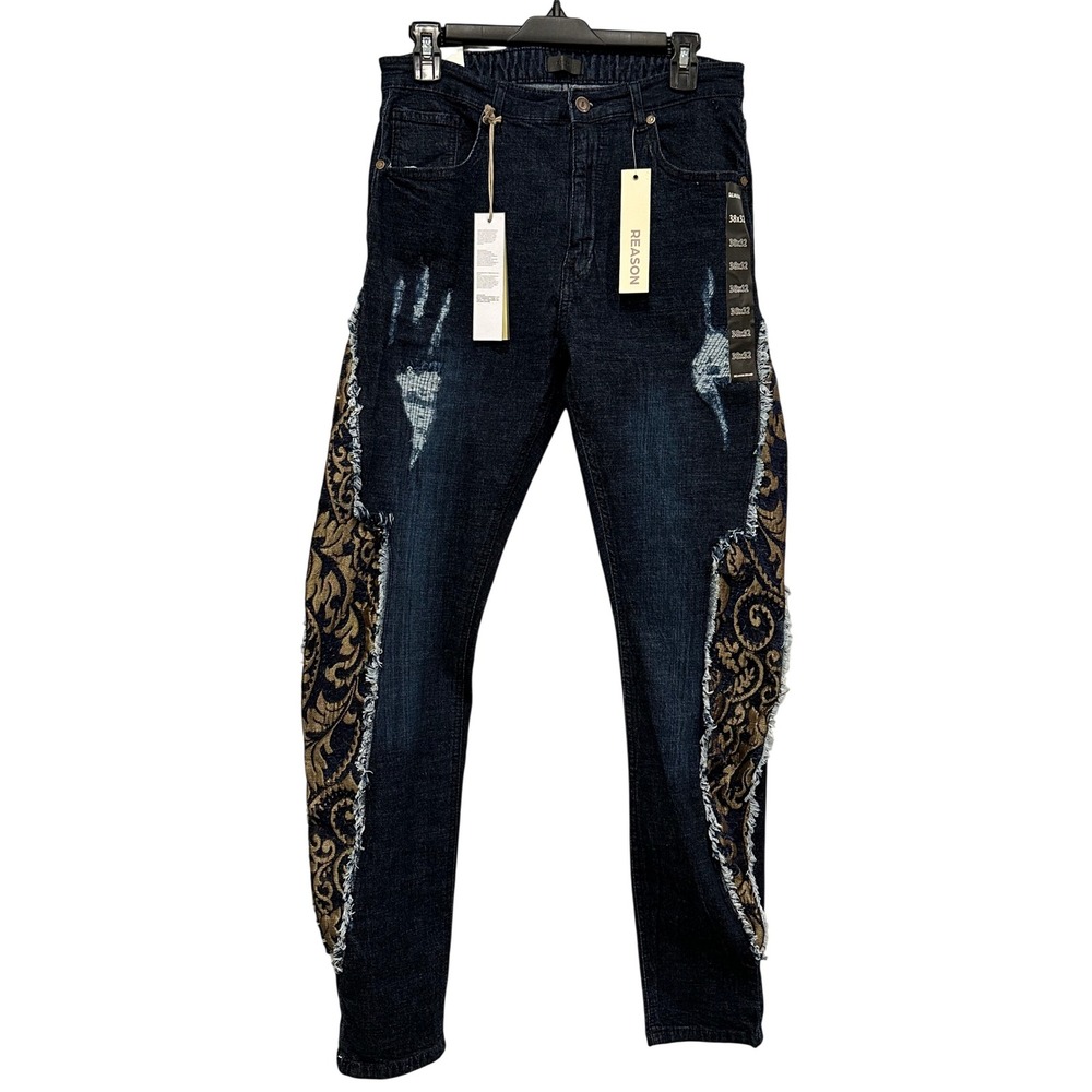 REASON‎ BRAND Men 38x32 Dark Wash Skinny Jeans Baroque Side Panel Distressed